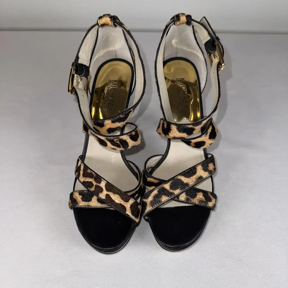 Michael Kors Evie Calf Hair Cheetah Print Platform Heels 7.5 - Picture 7 of 7